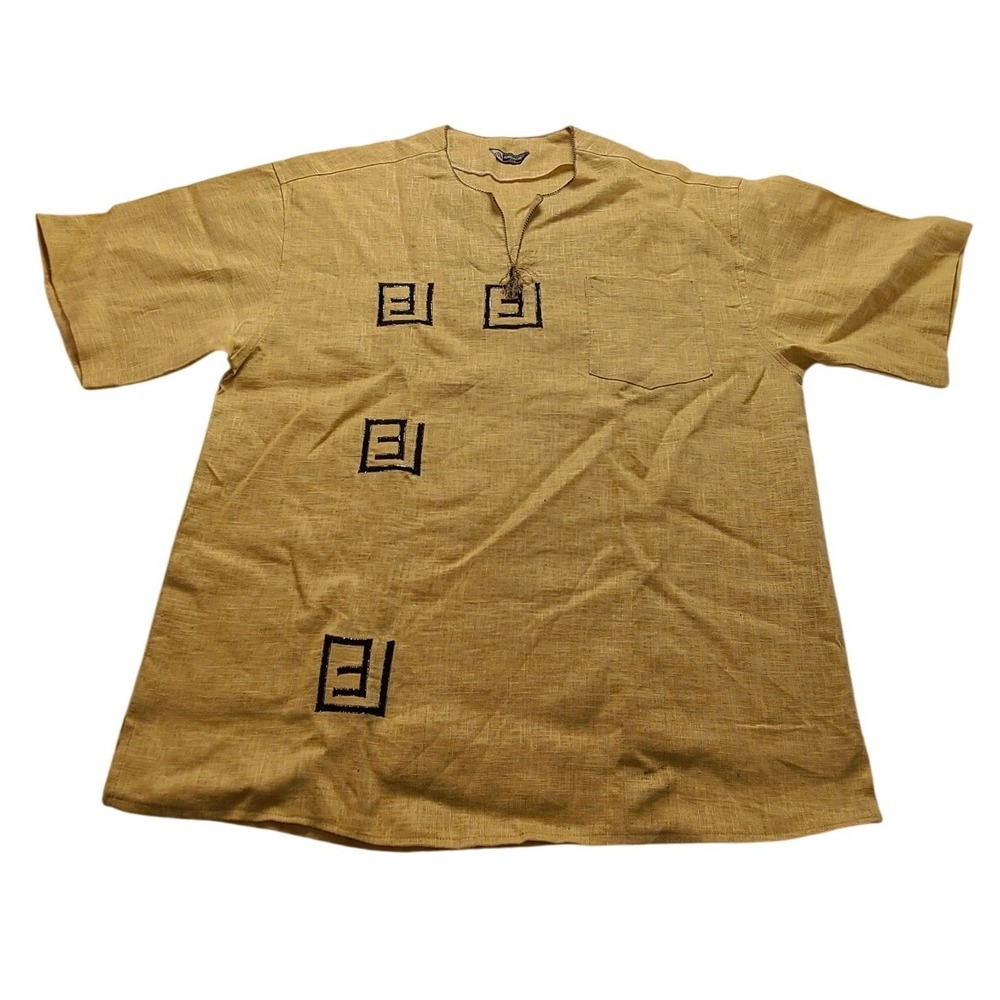Vintage Jordache Mustard Yellow‎ Embroidered Tassel Tunic Top Mens XL